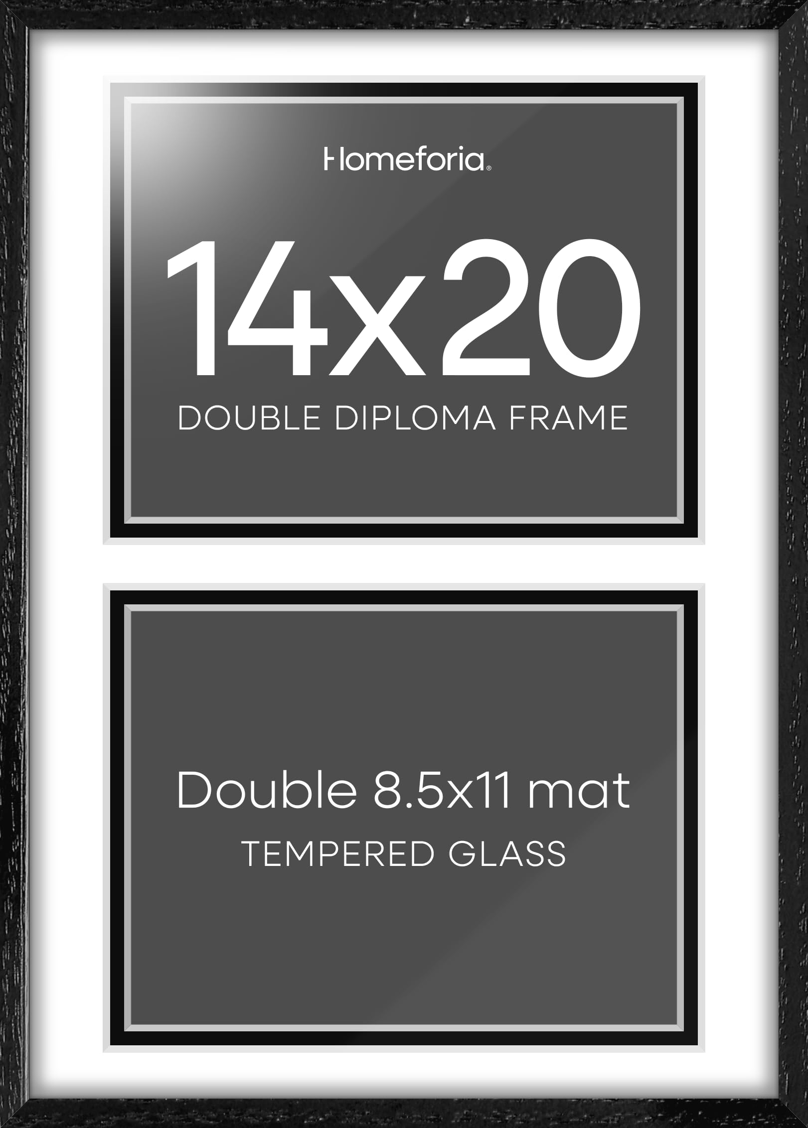Homeforia 14x20 Double Diploma Frame, High End Oak 14 x 20 Black Wood Certificate Frames with Mat for Two 8.5x11 Diplomas, 20x14 Wooden Dual Award Graduation Frames, Tempered Glass, Wall Kit, Set of 3
