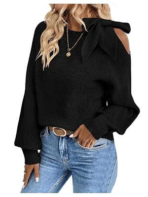 GORGLITTER Womens Bow Sweater Long Sleeve Cut Out Tie Shoulder Vintage Chunky Cozy Knit Pullover Tops Fall Trendy