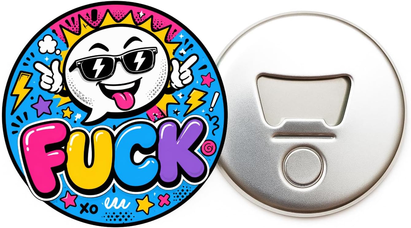 Décapsuleur Magnet Rond 58 mm Motif Pop Art « Fuck » – Ouvre-Bouteille aimanté Humoristiqu