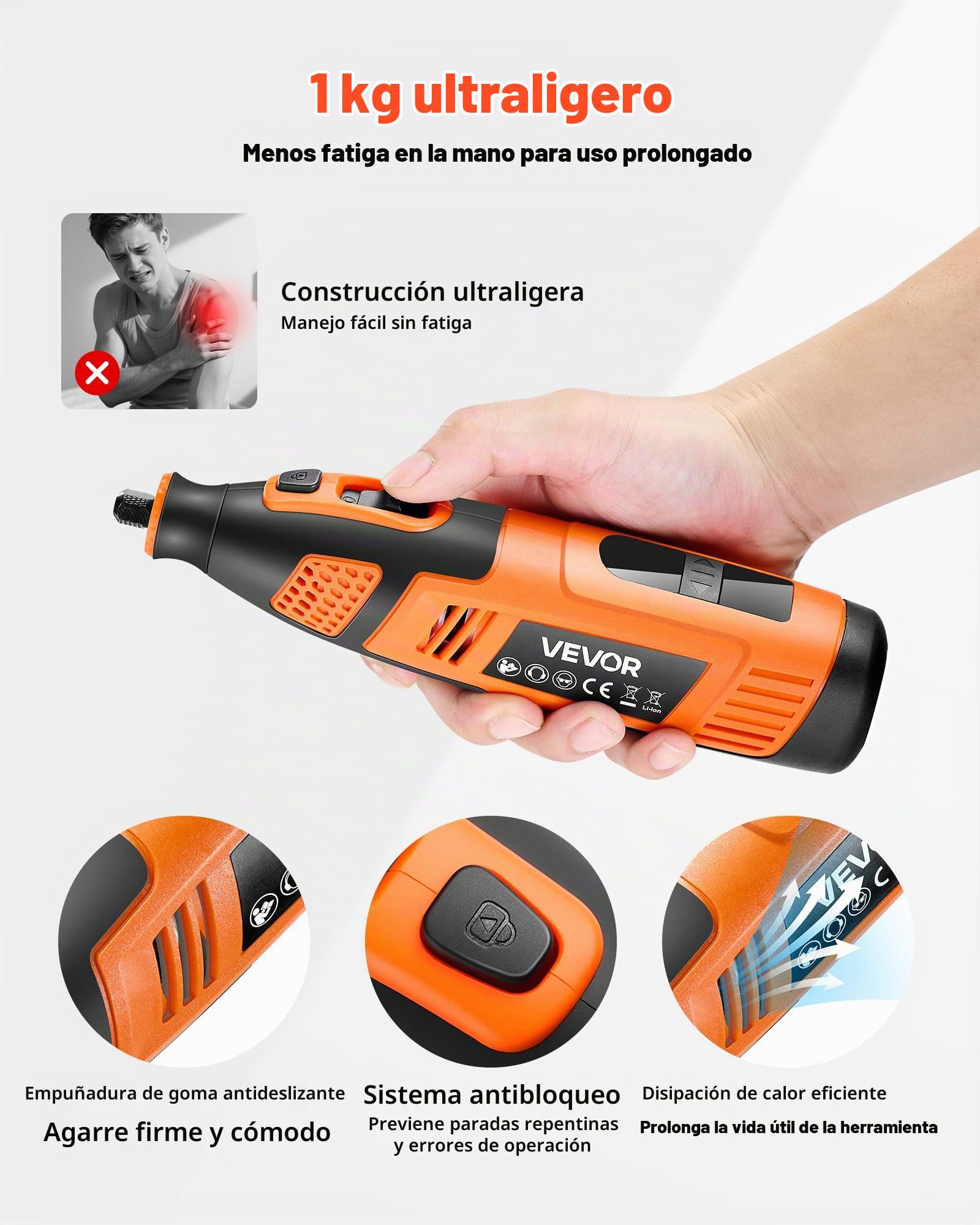 VEVOR Kit de Herramientas Rotativas Inalámbricas, 119 Piezas, Portátil, de 12 V CC, 28 Velocidades, 5000-32 000 RPM, para Grabar, Lijar, Pulir, Tallar, Cortar y Manualidades, 230 x 55 x 57 mm