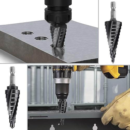 Miniatura 7 de Lytool Juego de 3 brocas de cobalto M35 de 18"-78", vástago hexagonal de 14 pulgadas, cuatro flautas en espiral Unibit para metal, acero inoxidable,