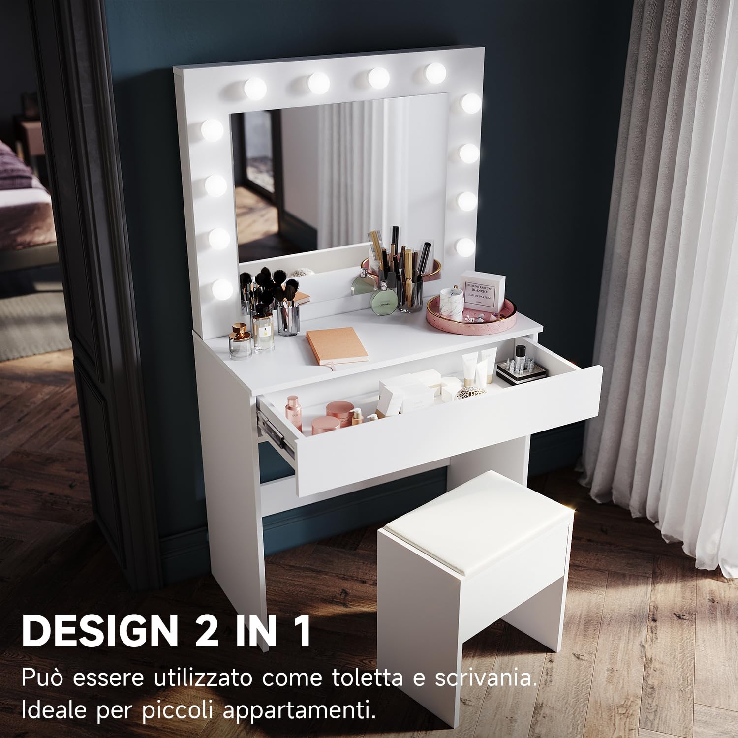 SONNI Toeletta Trucco Comò con Specchio Sgabello, Vanità da Camera da Letto con Cassetti, tavolo trucco con 12 Lampadine LED Dimmerabili a Luminosità Regolabile, Facile da Assemblare, Bianco
