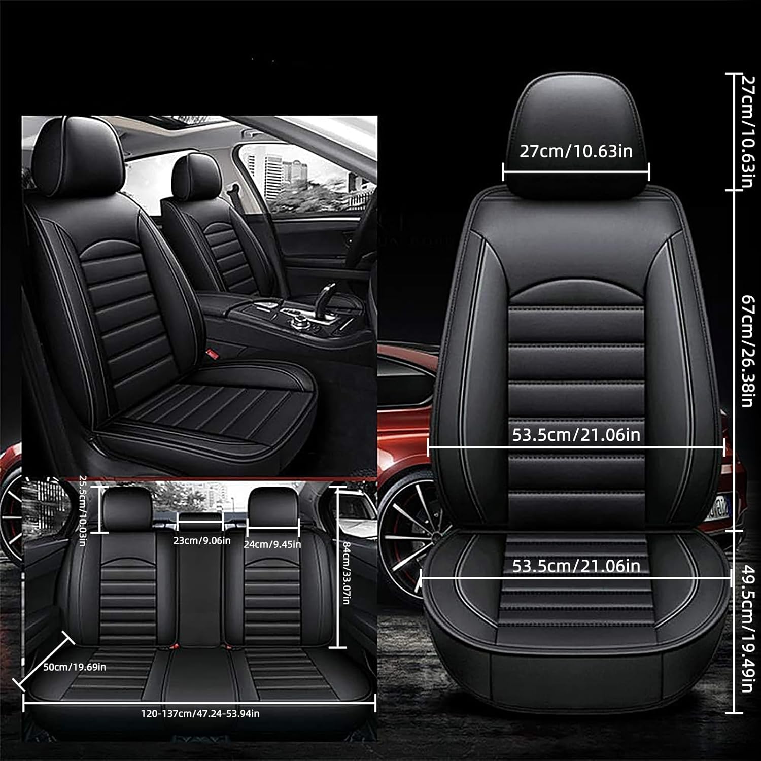 High Elasticity Car Seat Covers Full Set, Waterproof Leather Car Seat Covers, High Resilience Sponge, Anti-Slip Car Seat Cushion Interior Accessories, Seat Cover for Most Cars SUV,Van,Trucks (Black)