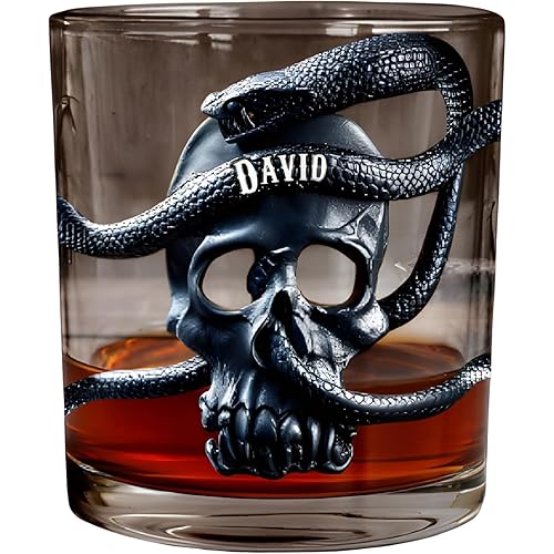 Skull & Snake Personalized Whiskey Glass, 3D Effect Snake Wrapped Skull Glasses Drinking, Gothic Bourbon Glass for Men, Whiskey Glass Gift for Men, Halloween Glassware, Whiskey Lover Gifts for Dad
