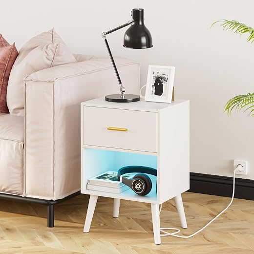 Nightstand with Charging Station and LED Lights, Small Side Table, Bedside Table with Drawer, Modern Night Stand, End Table for Bedroom, Living Room, Light White