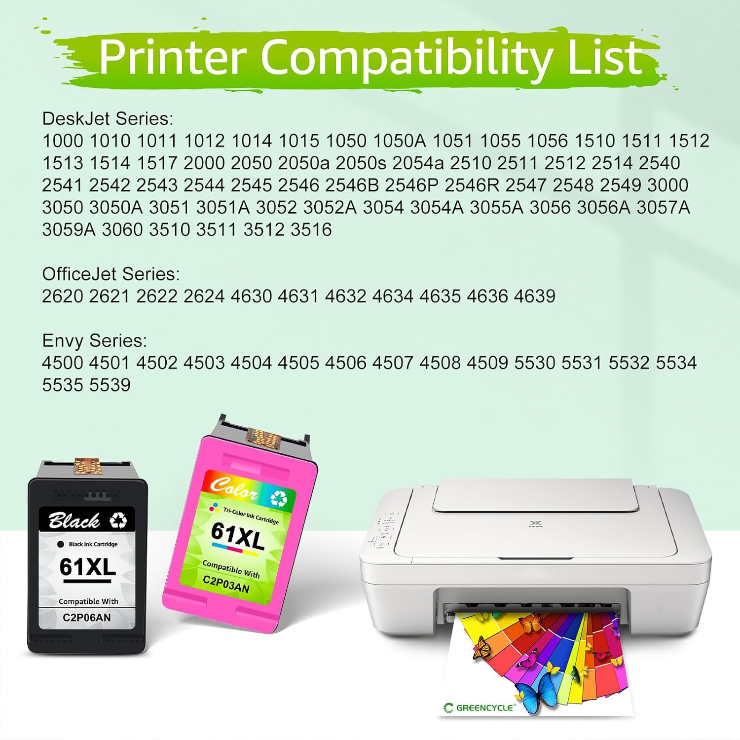 greencycle Remanufactured Ink Cartridge Replacement Compatible for HP 61XL 61 XL to use with Envy to use with Envy 4500 Deskjet 1000 1056 1510 1512 1010 1055 OfficeJet 4630 Printer (2 Pack Tri-Color)