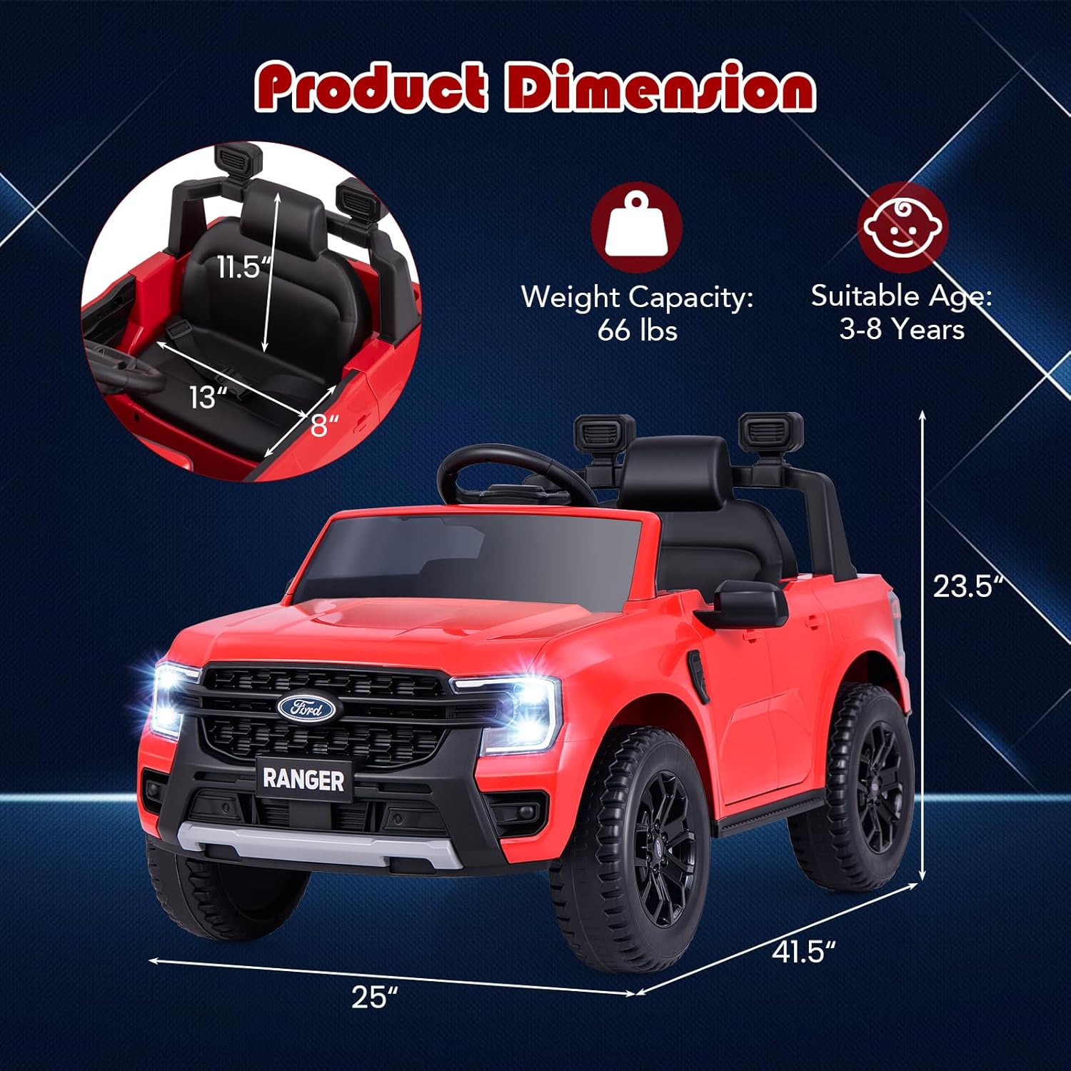 Licensed Ford Ranger Ride on Pickup Truck by INFANS, 12V Battery Powered Electric Vehicle for Kids with Remote Control, Headlight, Power Display, Bluetooth, MP3, Music, Aged 3-6 Years (Red)