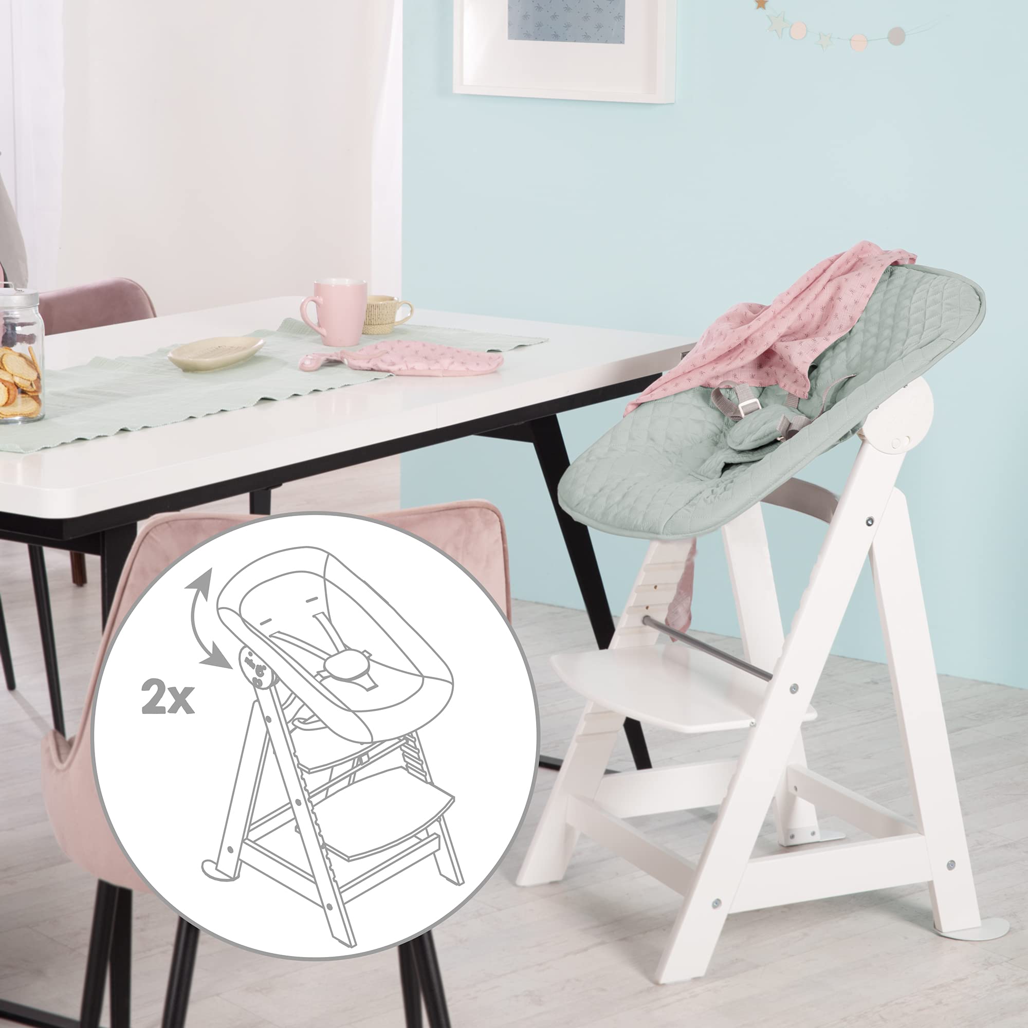 roba Seggiolone Evolutivo Born Up 2in1, Sdraietta roba Style Verde Ghiaccio Reclinabile, Fodera Impermeabile, Altezza Regolabile, Robusto e Resistente, Ergonomico, fino ai 70 kg, Legno Laccato Bianco