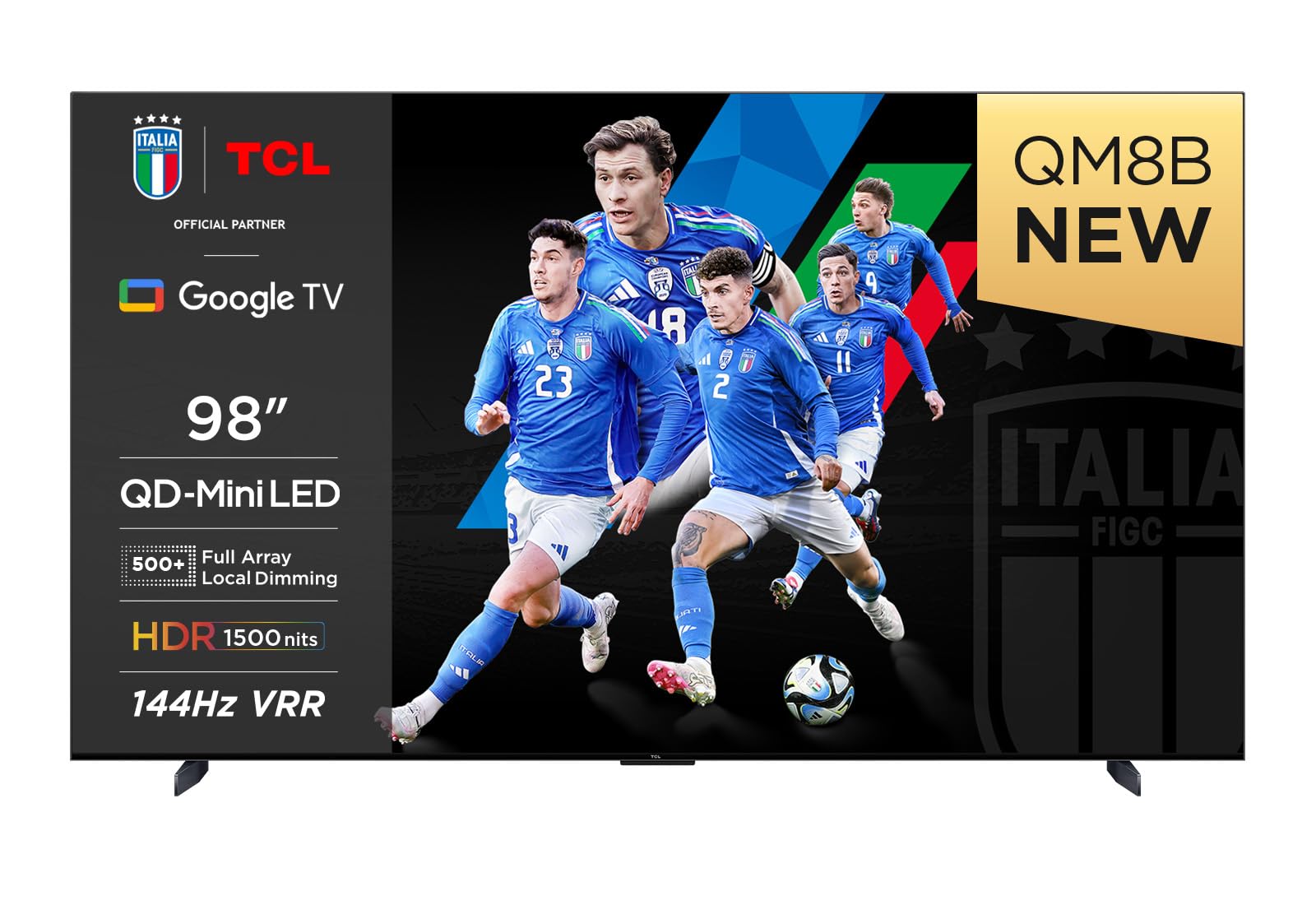 TCL 98QM8B TV Mini LED 98”, Pannello QLED 144Hz, 4K HDR Premium 1600nit, Google TV (Dolby Vision IQ - Atmos, Audio Onkyo con Subwoofer Integrato, Compatibile con Google Assistant, Alexa - AirPlay2) 98 pollici QM8B