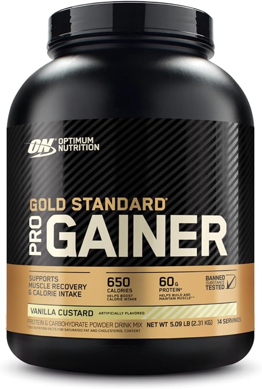 Proteína Optimum Nutrition Gold Standard Pro Gainer, natillas de vainilla, 5 libras | Proteína en polvo para ganar peso, ganador de masa con alto contenido calórico, 60 g de proteína por porción, alto contenido de carbohidratos, vitaminas y minerales, fácil de mezclar