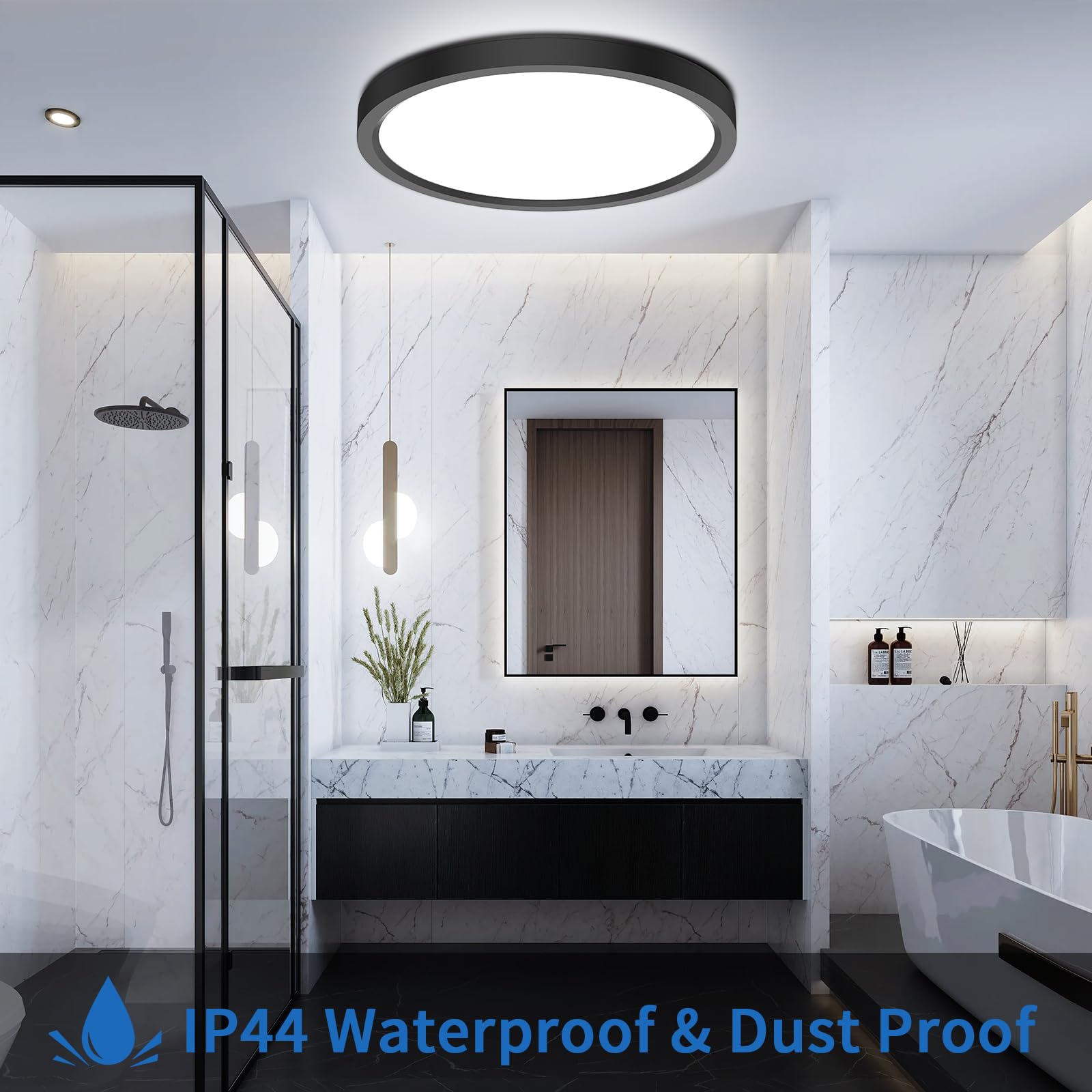 kazazoo Deckenlampe LED Deckenleuchte 18W, 4000K, IP44 Wasserfest Badezimmer Lampe, Ultra Dünn Ø23cm LED Panel, Schwarz Rund Flurlampe Ideal für Bad/Flur/Schlafzimmer/Keller