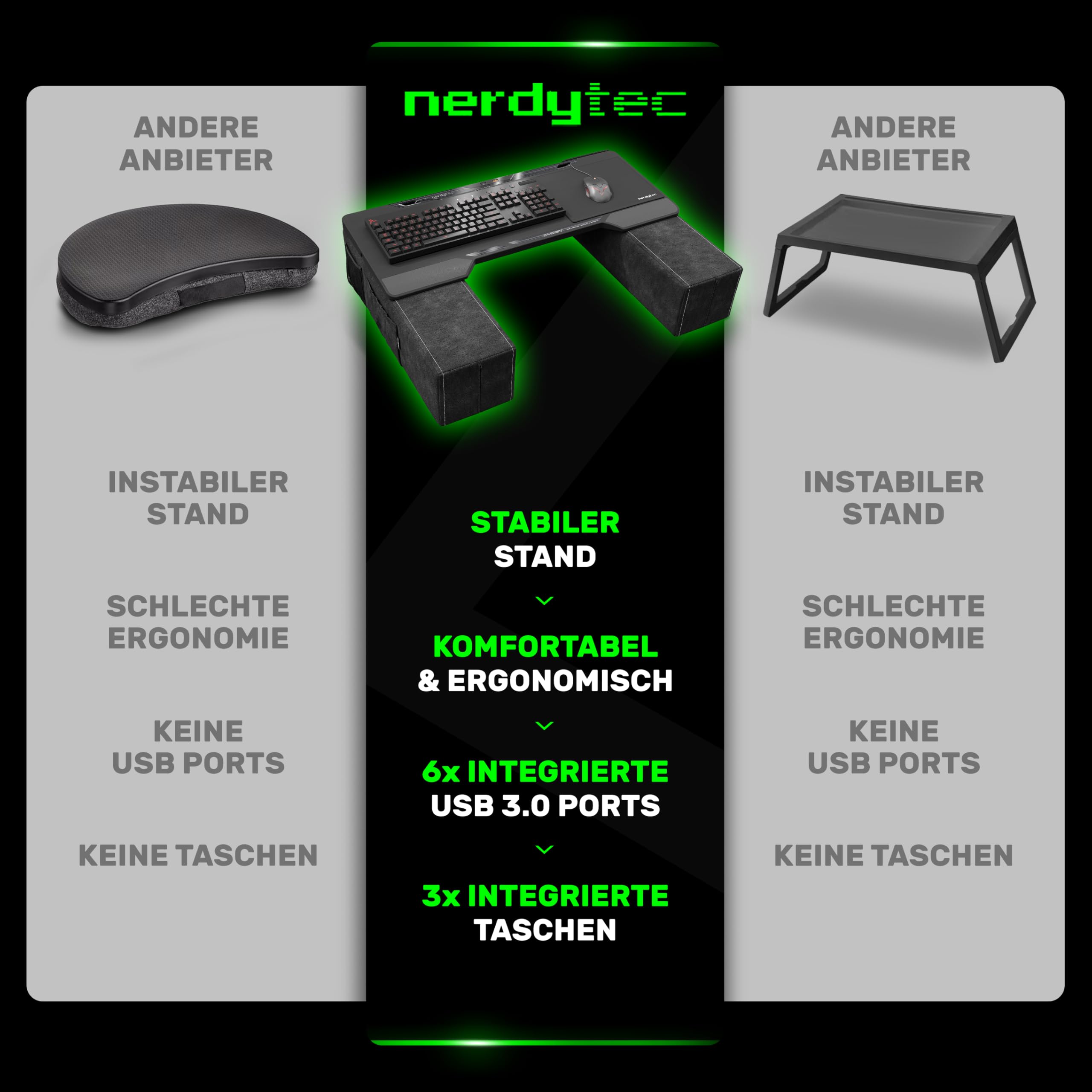Couchmaster CYCON² Black Edition, ergonomischer Gaming Laptoptisch für Couch, Sofa und Bett, Laptop Tisch mit USB Hub für PC, PS4/5, Xbox One/Series X und Laptops