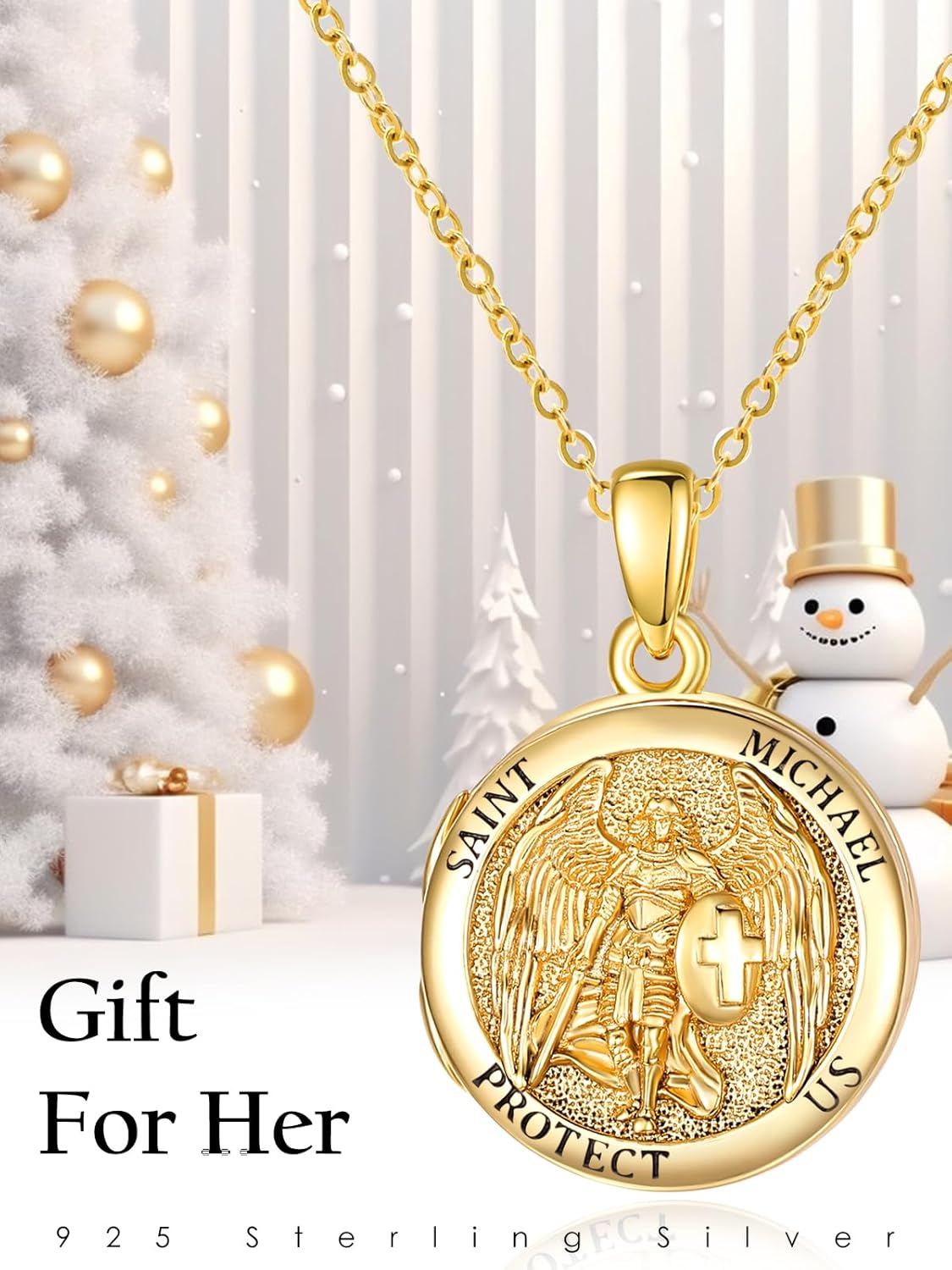 TANGPOET Round Saint Medal Pendant Necklace for Women 925 Sterling Silver 14K Gold Mother of Pearl Catholic Religious Christian Jewelry Gifts for Birthday Christmas Baptism - Image 6