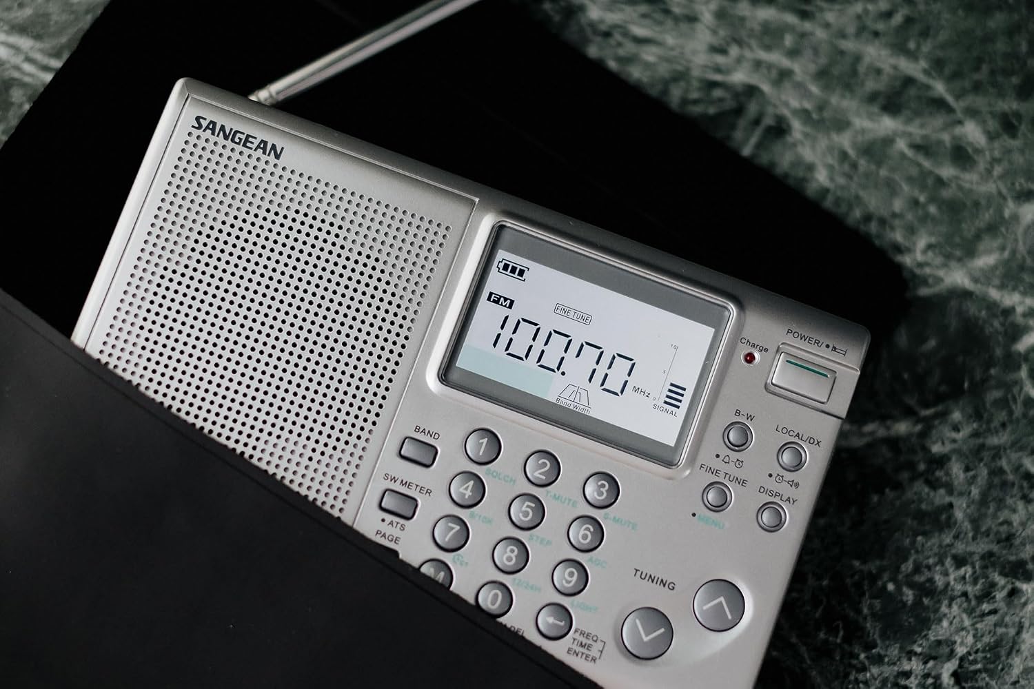 Close-up of the Sangean ATS-405J control panel and LCD display.