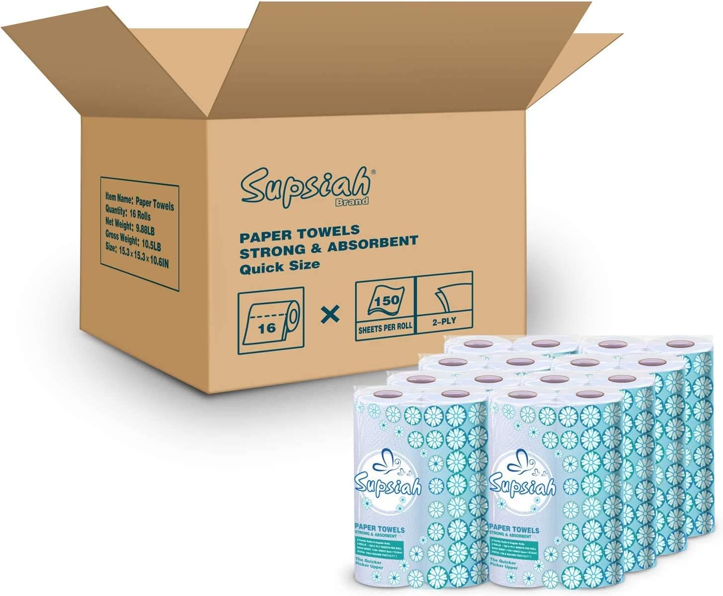 Supsiah Paper Towels,White,Huge Roll,16 Count=40 Regular Rolls,2-Ply Case of 16 Rolls, 150 Sheets Per Roll, 2400 Sheets Kitchen Paper Towels Rolls