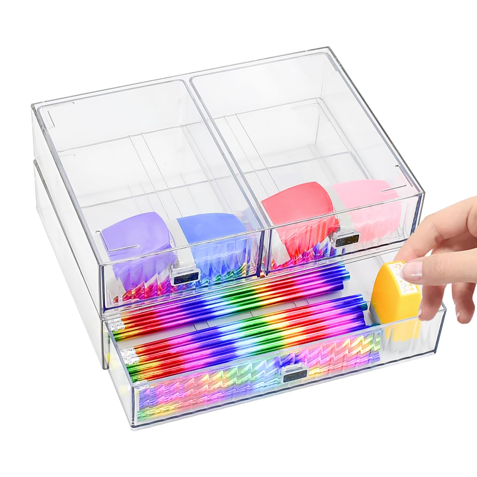 HEKOBAG Organizador de Cajones Transparente de Sobremesa, Organizador de Cosméticos con 3 Cajones, Cajoneras Apilables con Cajones Claros, Compacta Minicómoda de Plástico para Oficina, Escritorio
