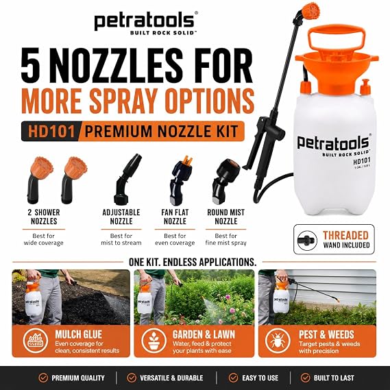 PetraTools HD101 Pro Kit - Pump Sprayer 1 Gallon, 52-in Hose & 5 Nozzles
