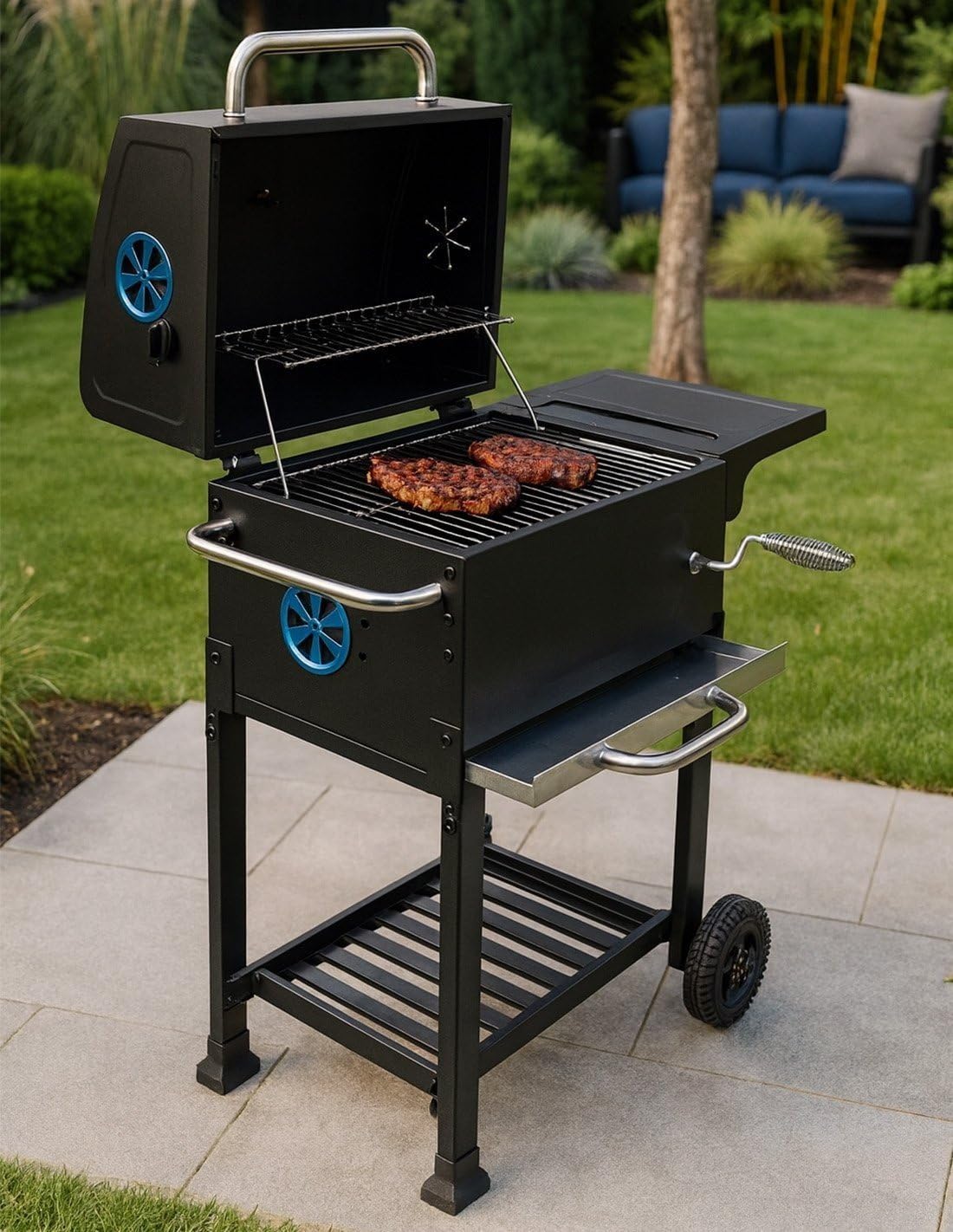 JARDIN202 - Barbacoa de Carbón con Tapa y Termómetro Kansas | Grill Ajustable con Parrilla Cromada y Calentador Superior| Ruedas Grandes | (Negro)