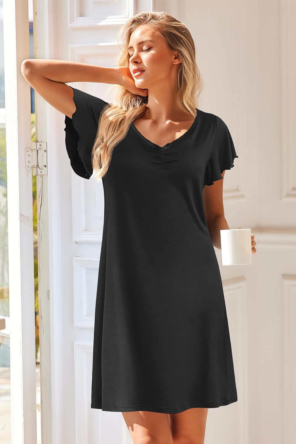 Ekouaer Nightgowns for Women Short Sleeve Night Gown Comfy Sleep Shirt Soft Sleep Dress Pleated Sleepwear - Image 3