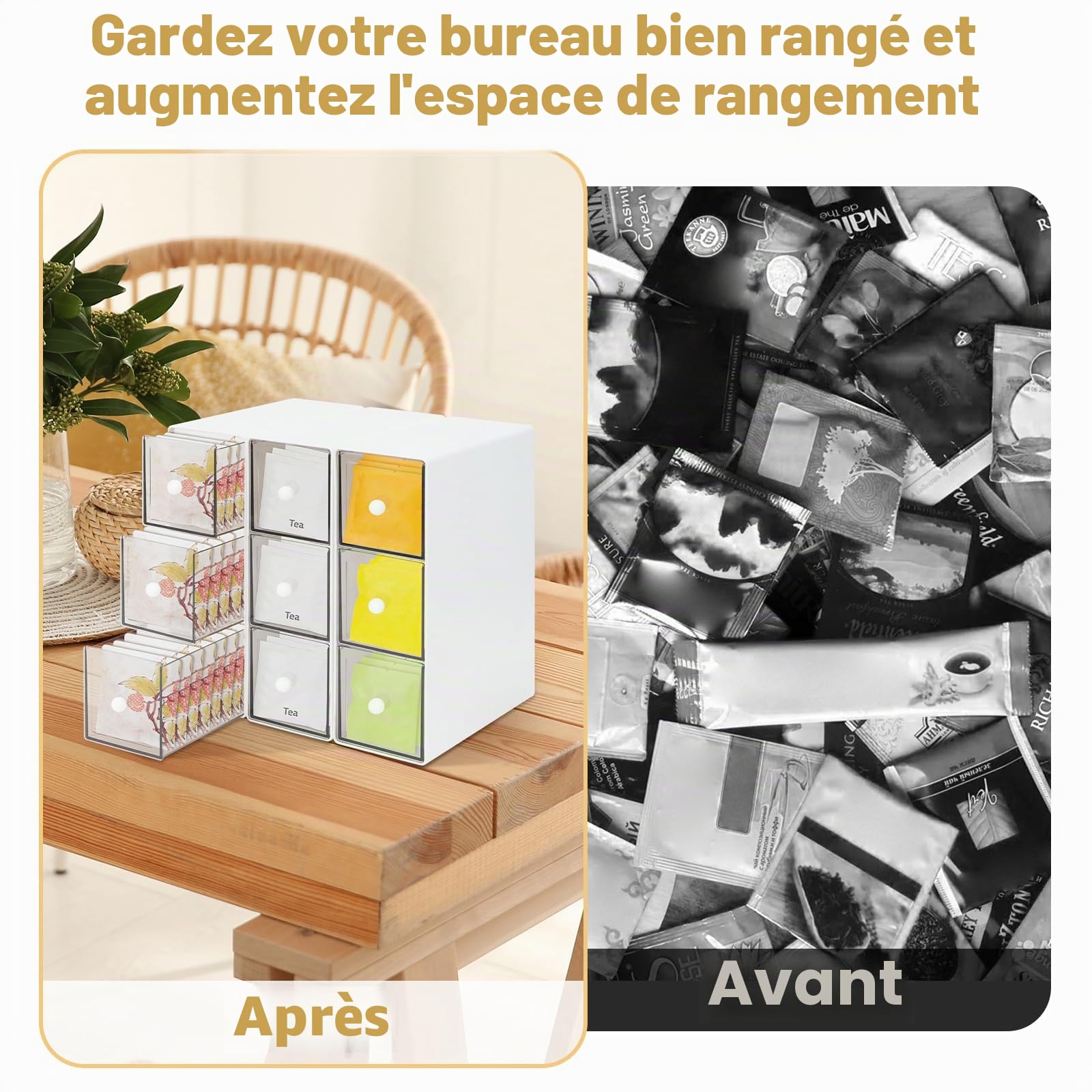 3 packs Organisateur Sachets de thé en Plastique, Empilables Boîte à thé avec 3 Tiroirs Conteneur de Stockage pour Sachets de thé Sucre Dosettes Café, Porte-paquets Organiseur Cuisine Boîte