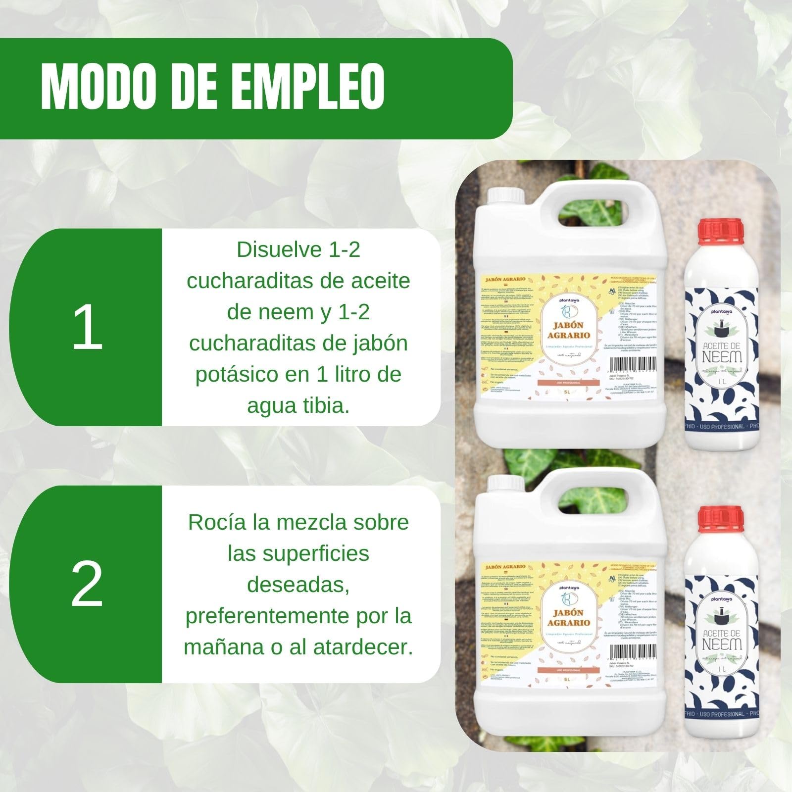 PLANTAWA Pack Jabón Potásico 2x5L + Aceite de Neem 2x1L | Solución Multiusos | Fácil Aplicación y Máxima Eficacia | Versátil | Uso en Interior y Exterior | Productos de origen natural