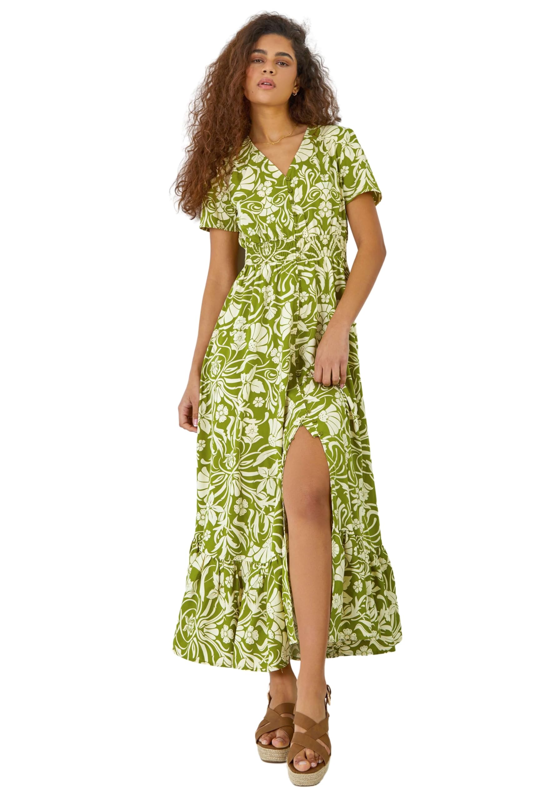 Roman Originals Women's Lime Shirred Empire Waist Dress For Uk Midi Maxi Summer Spring Tiered Frill Hem Short Sleeve V Neck Button Through Boho Bohemian Holiday Cruise - Size 16