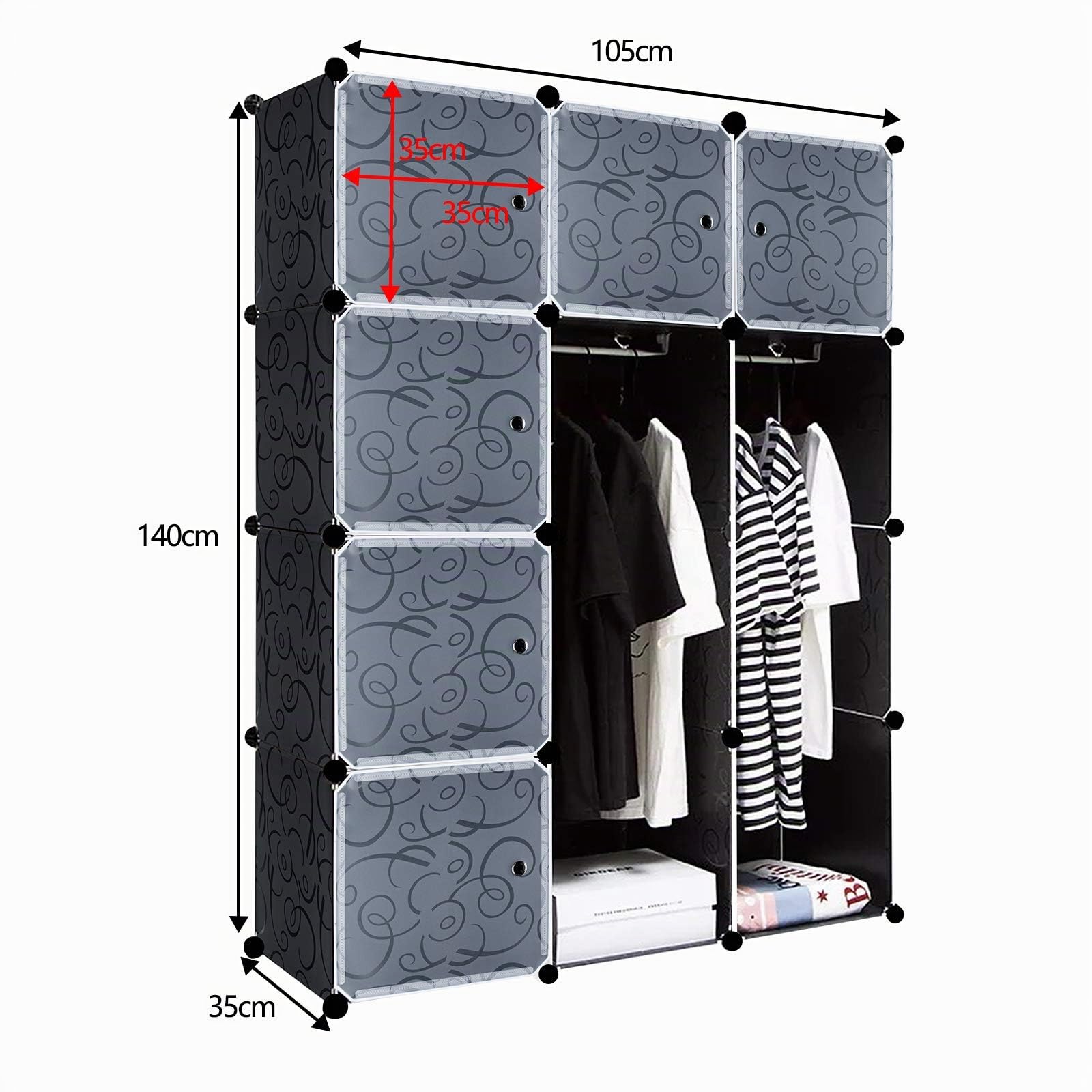 Système d'étagères de rangement avec portes en plastique PP robuste et durable - Noir - 12 boîtes avec porte