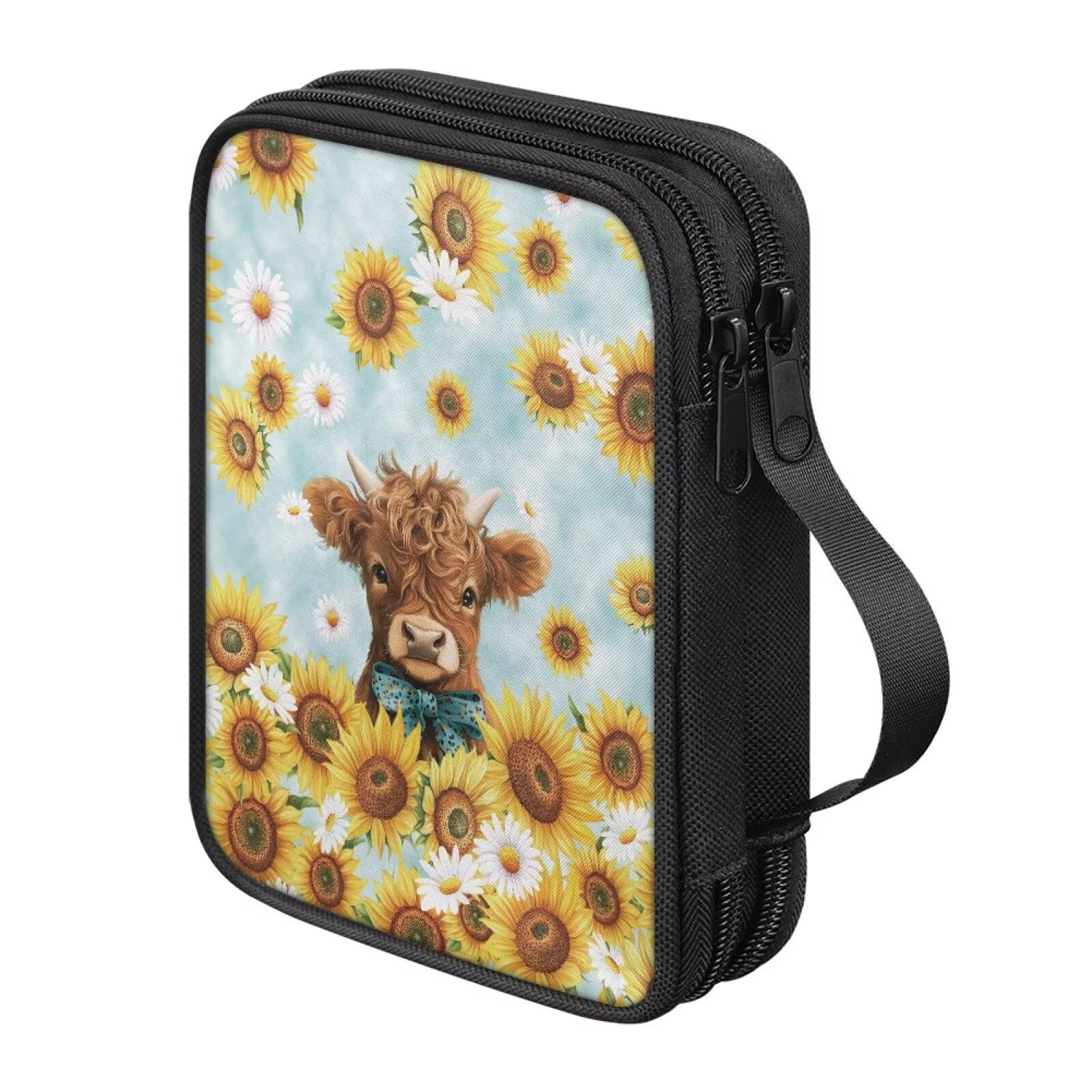 Vanideaoty Highland Cow Crochet Hook Case Sunflower Crochet Hook Organizer Easy to Carry for Needles and Accessories