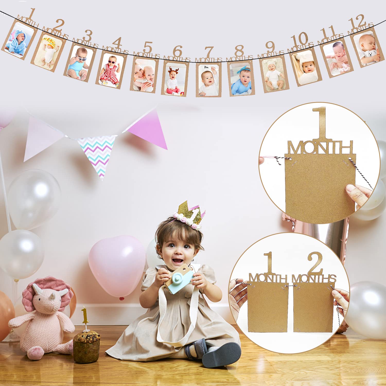 PartyHooman Foto-Banner Zum 1. Geburtstag – Mit 12 Bilderrahmen Für Monatliche Meilensteine, Für Jungen & Mädchen