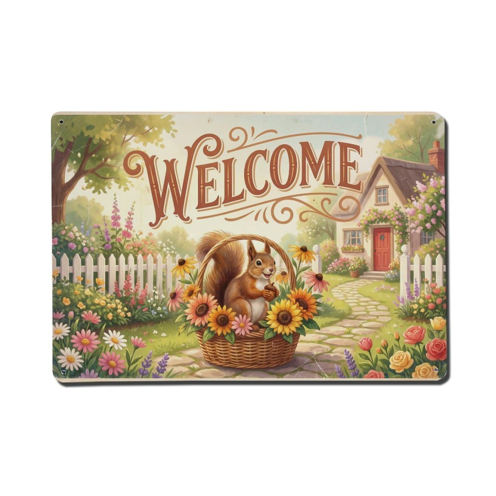 Vintage Welcome Squirrel Green Thumb Metal Tin Sign