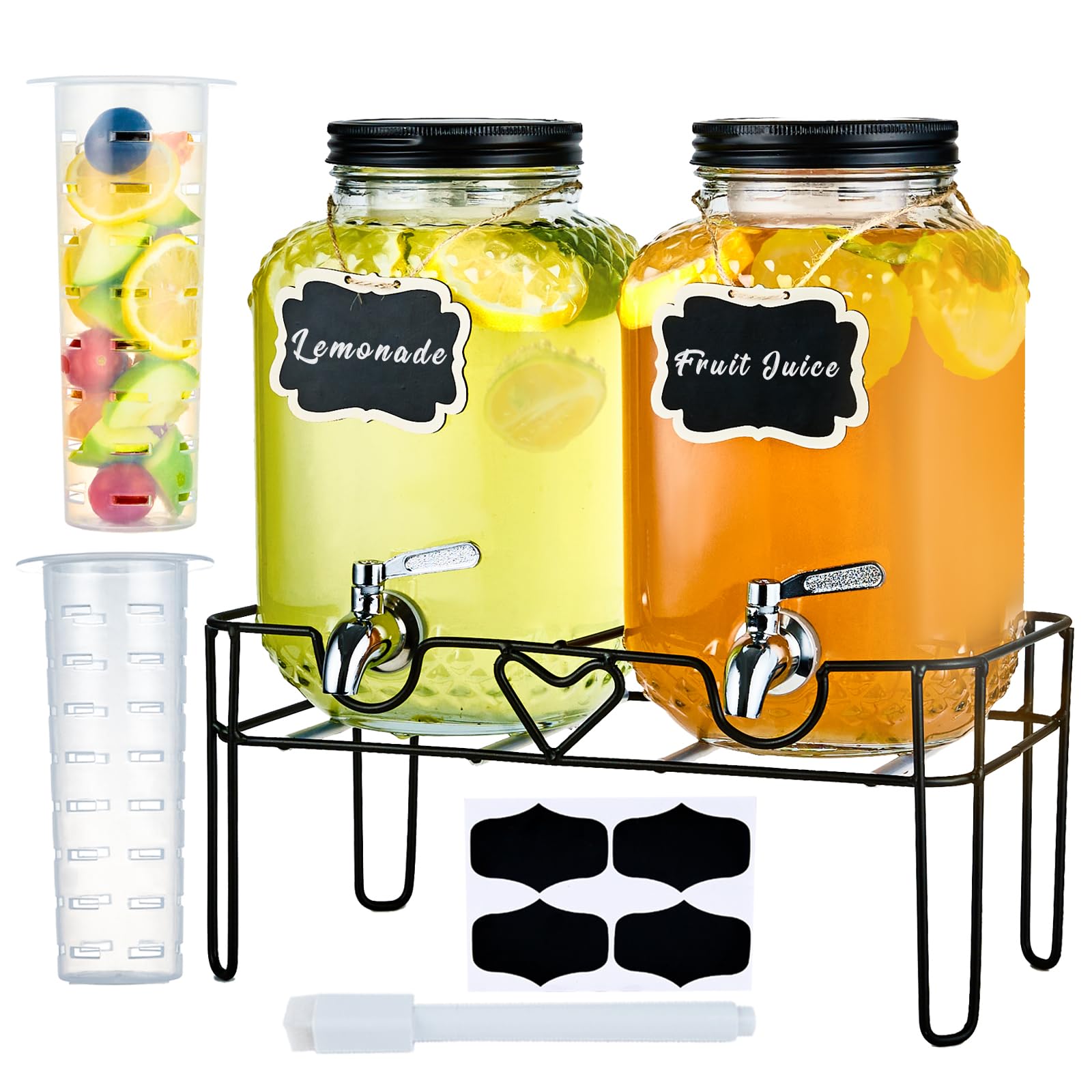 1 Gallon Glass Drink Dispensers for Parties, Beverage Dispenser with Stand and Fruit Infuser, Glass Lemonade Dispenser with Stainless Steel Spigot for Kombucha, Sun Tea, Juices, BBQ, Weddings