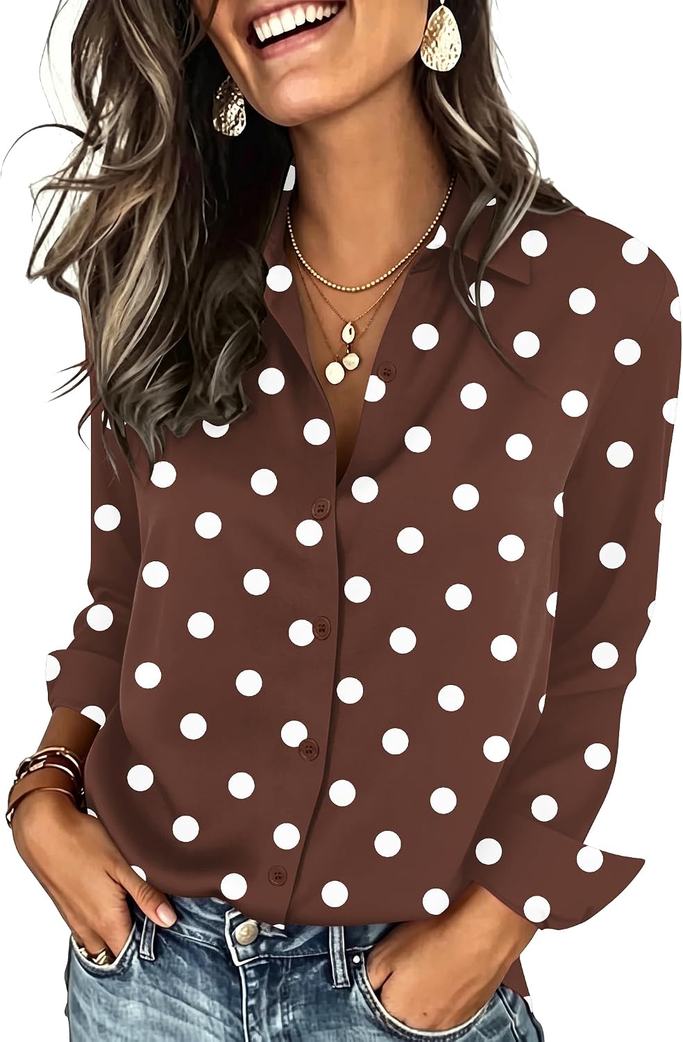 Zeagoo Button Down Shirts for Women Long Sleeve Tops Striped Solid Blouses | Collared V Neck Shirts Button Up Shirt Dressy Casual Blouses Cute Summer Fall Fashion Clothes Office Work Tops Spring Outfits
