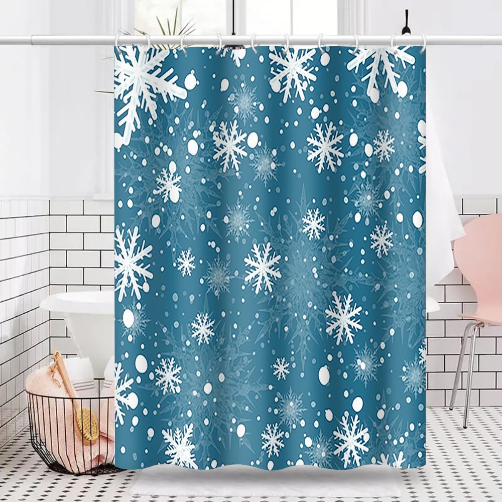 Snowflakes Shower Curtains Merry Christmas Winter Snow Xmas Festival Style Shower Curtain for Bathroom Decor Waterproof Polyester Fabric Set with Hooks, 72 x 96 Inches