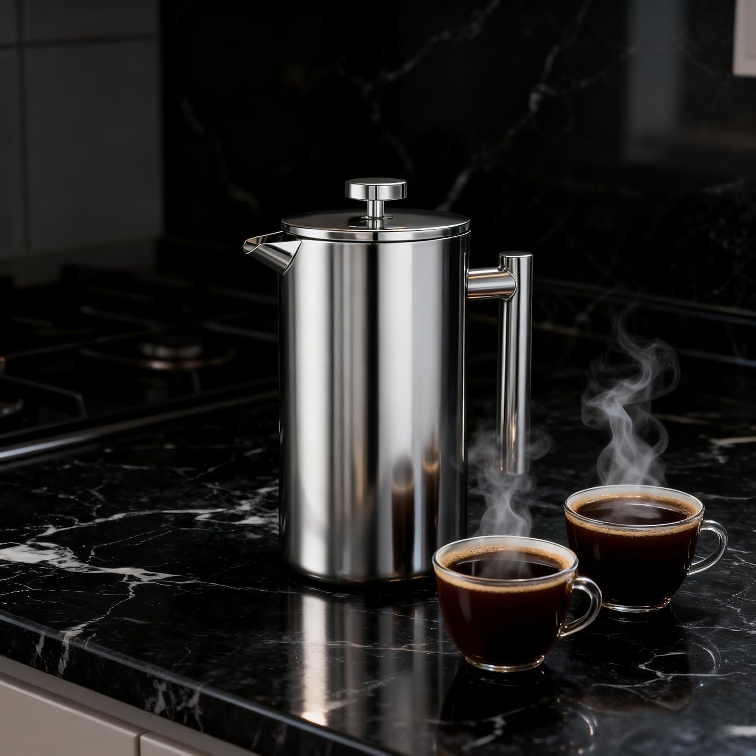 French Press Coffee Maker 34 Oz, Dual-wall insulation, easy clean, durable, Stainless Steel French Press Coffee Maker, Food grade, safe and reliable, suitable for home and camping, silver.