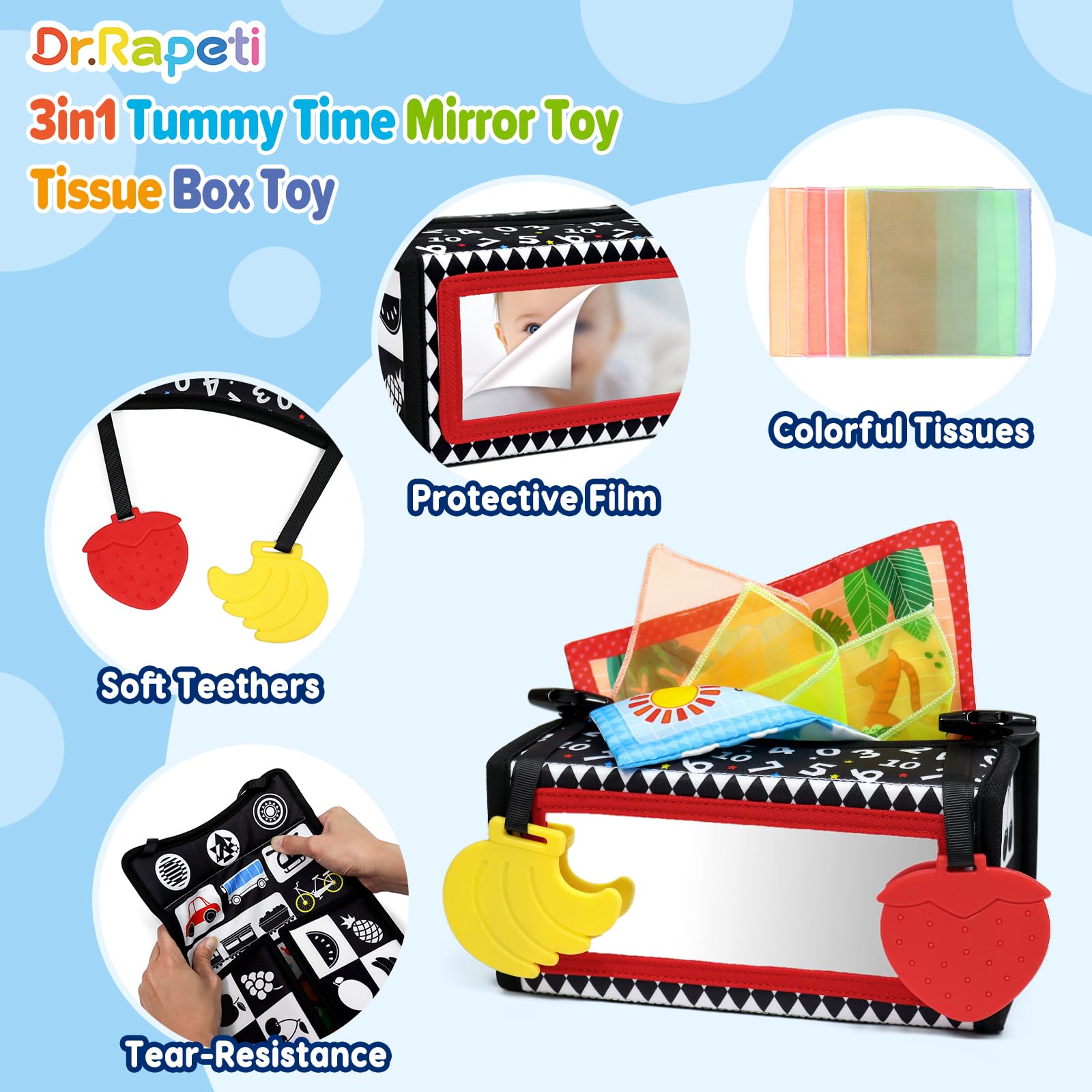 Dr.Rapeti 3in1 Giocattolo a Scatola di fazzoletti, Scatola di Fazzoletti per Neonati, Specchio per Bambini Giochi Sensoriali, Giocattolo per Bebè, con Sciarpe di Seta