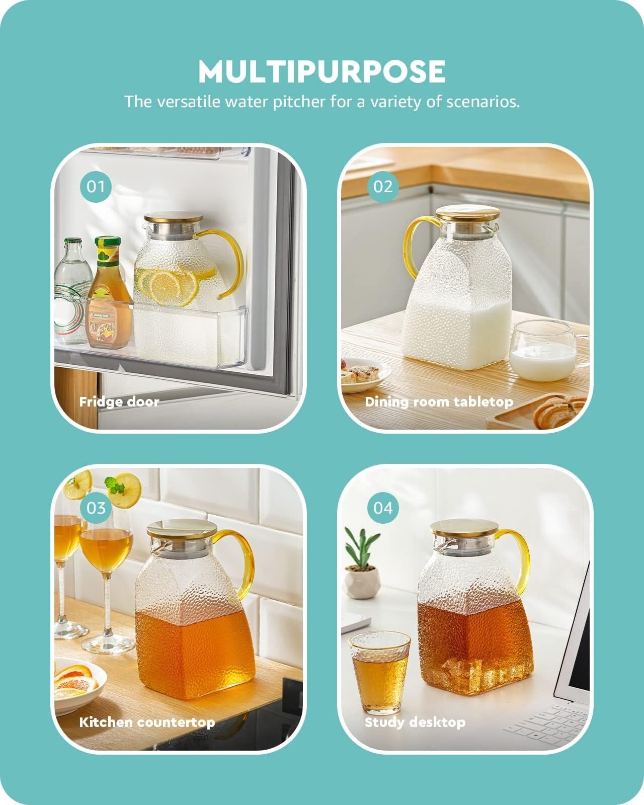 Jarra de agua de vidrio con tapa y asa, jarra de borosilicato de 1,8 L de alto para puerta de nevera, jarra para té helado caliente/frío, jugo, café, leche (patrón de martillo)