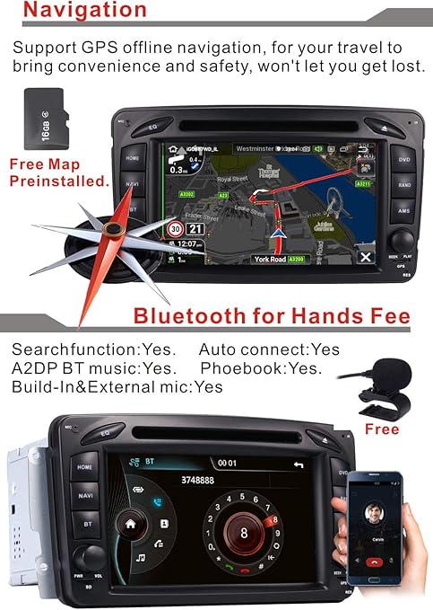 Car Radio For Mercedes Benz C Class W203 Clk W209 C209 Viano Vito W639 A W168 Gps Navigation Touchscreen Steering Wheel Control Bluetooth 1080p Video Amazon De Electronics Photo