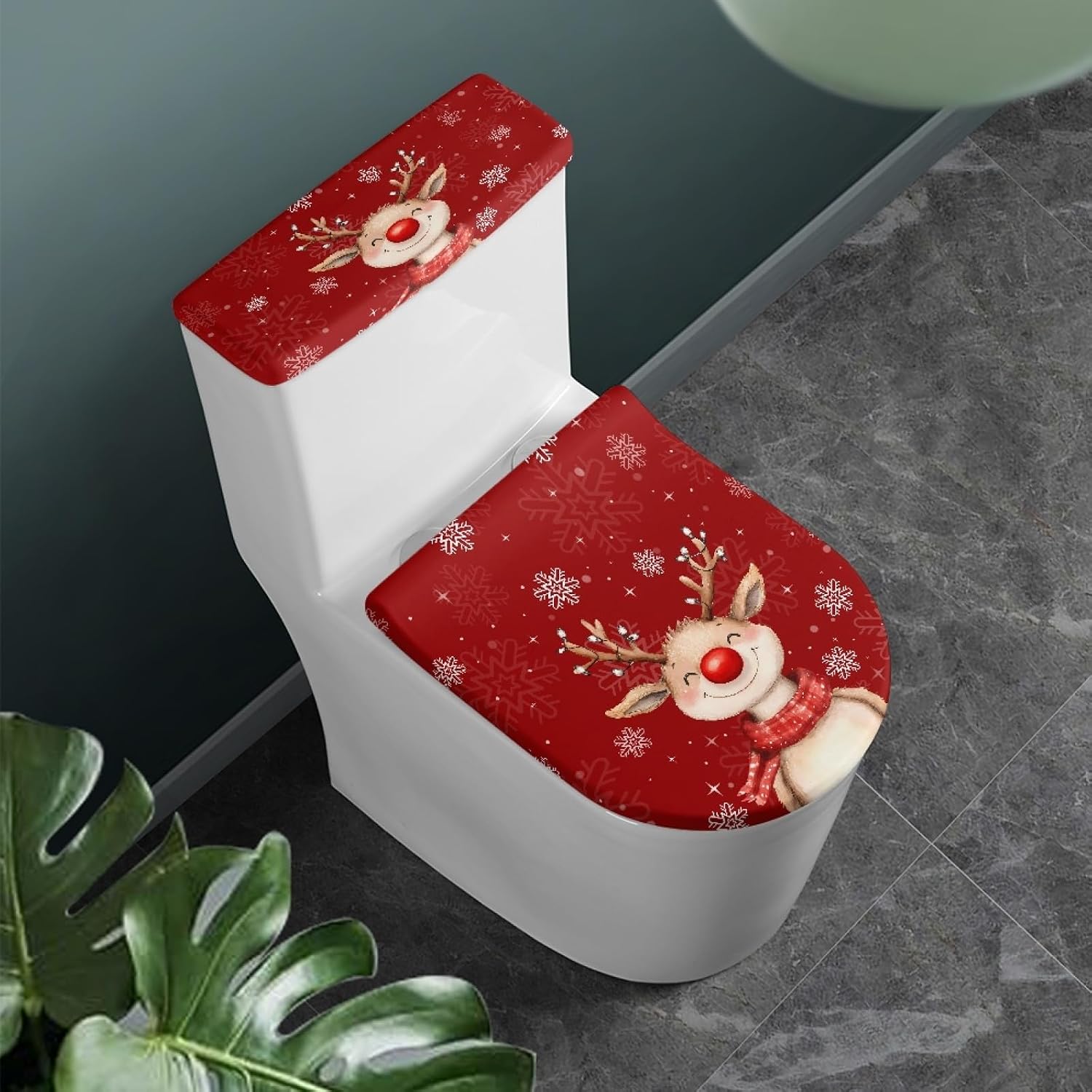 Christmas 2 Pieces Toilet Lid Cover and Toilet Tank Cover Washable Toilet Lid Covers Set Bathroom Accessories Home Decoration