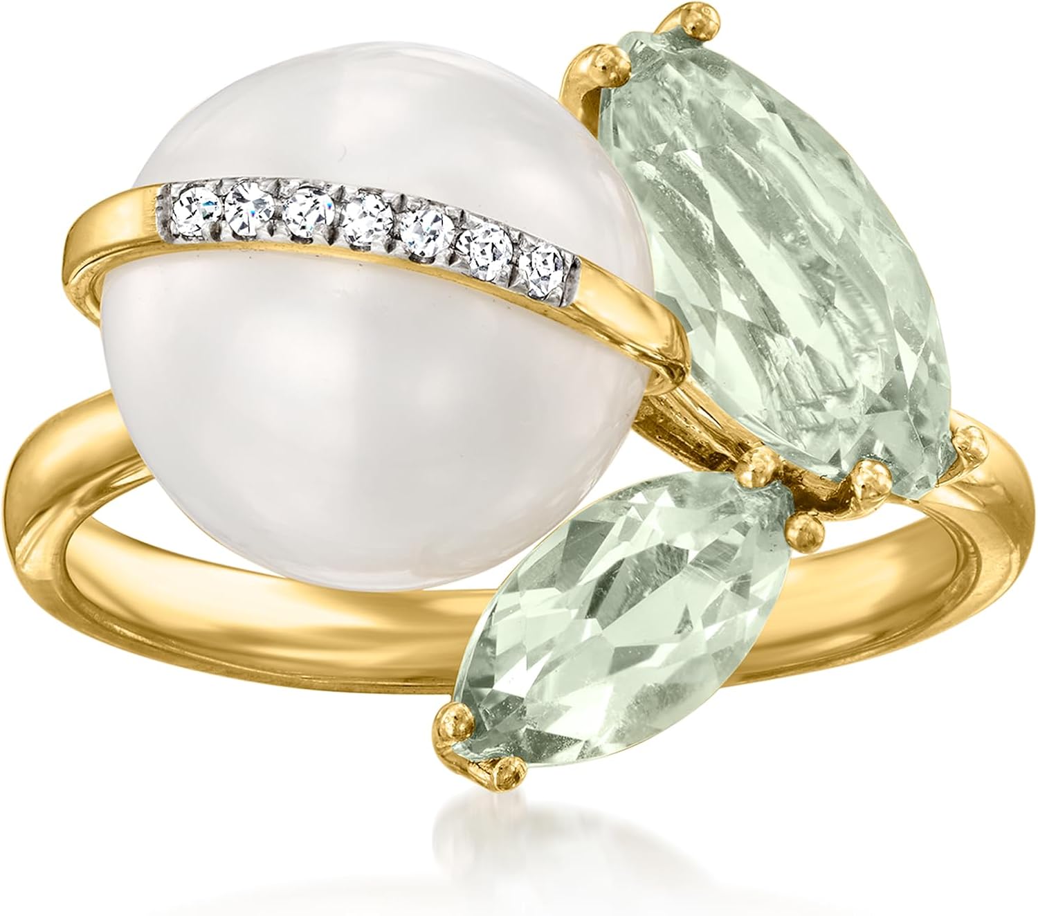 Ross-Simons 9.5-10mm Cultured Pearl and 1.80 ct. t.w. Prasiolite Ring With Diamonds in 14kt Yellow Gold