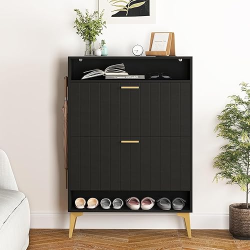 Miniatura 8 de UZUGUL Armario de zapatos para entrada, armario delgado de almacenamiento de zapatos con 2 cajones abatibles y 2 cubos, armario de zapatos de línea