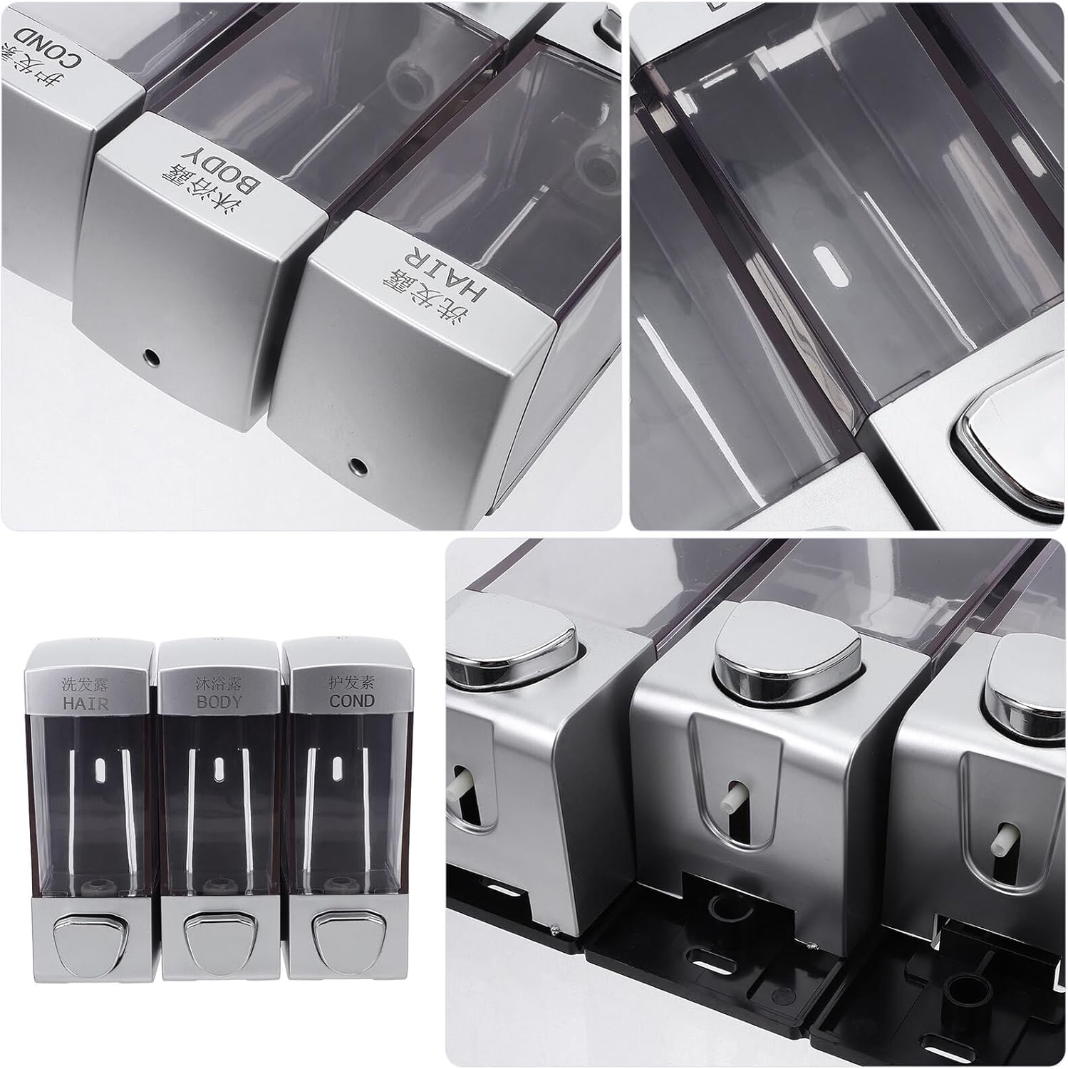 Wall-Mounted Triple Outlet Shampoo Pump Dispenser with Transparent Spring Design for Bathroom Shower Gel Conditioner Liquid Soap Storage Easy Install with Dual Language Logo for