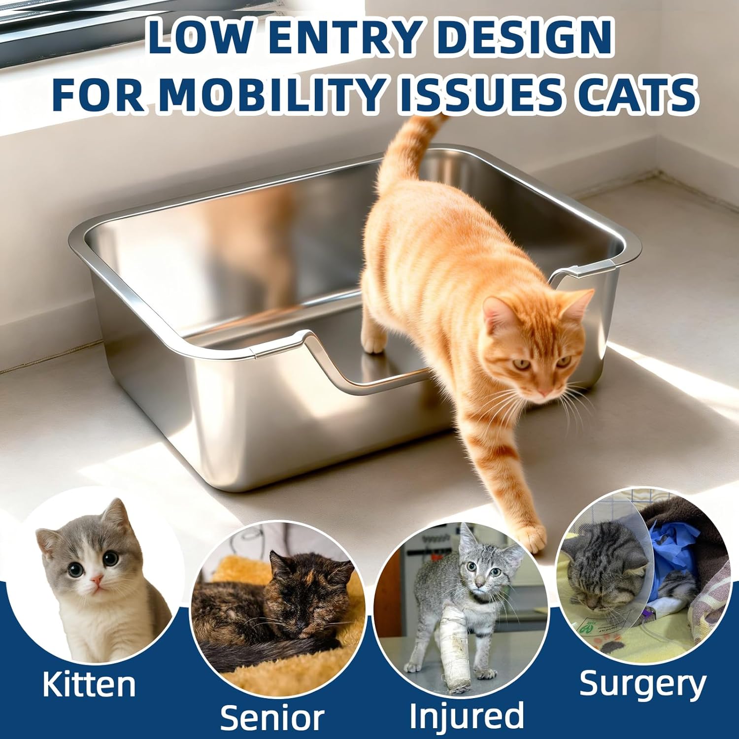 FHTONGE Low Entry Stainless Steel Cat Litter Box, Splash-Proof Hight Wall Metal Kitty Litter Box Kitten Toilet for Senior Arthritis Spay Injured Cats, 17.7X 13.8 in