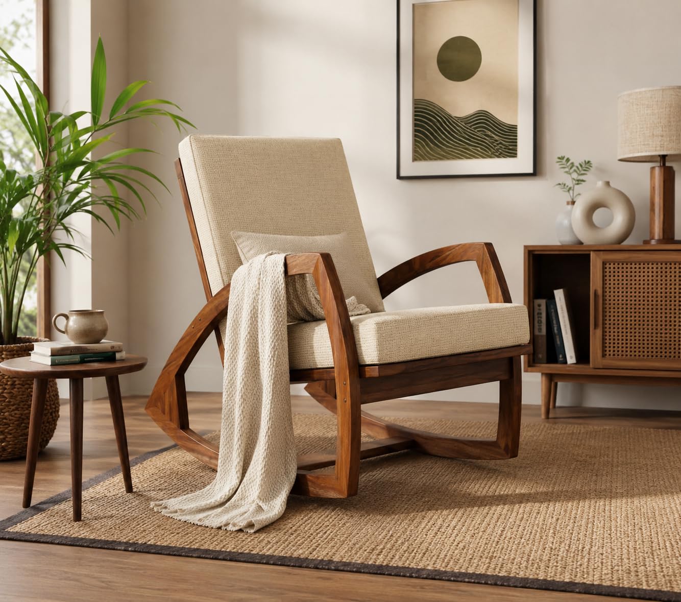 Jangid Handicraft Sheesham Wood Rocking Chair for Living Room | Rosewood Contemporary Arm Rest Swing Chair | Patio Sofa Chair for Outside & Garden | Resting Adults Chairs | Honey & White-image-10
