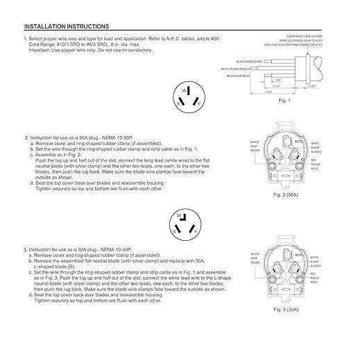 Miniatura 9 de NEMA 10-30P y NEMA 10-50P, 30 y 50 amperios, 125 y 250 voltios, 3 polos, 3 cables, enchufe de ángulo recto intercambiable de 3 clavijas para