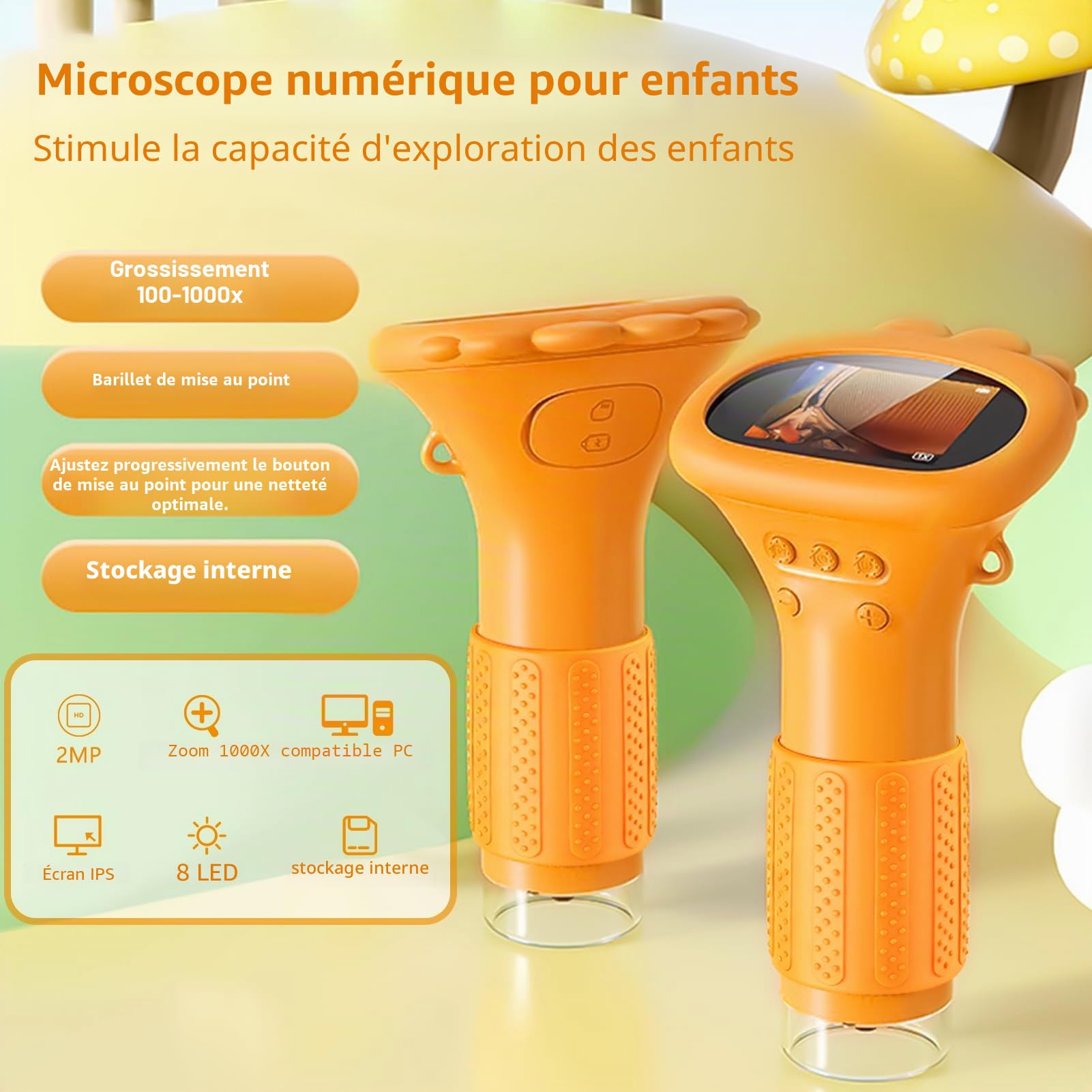 Microscope Portable pour Enfants, 1000X Mini Microscope Numérique avec Écran IPS 2,0" et 8 LED, Microscopes de Poche USB Type-C Compatible PC, Jouet Scientifique pour Enfants dès 3 Ans, Jaune