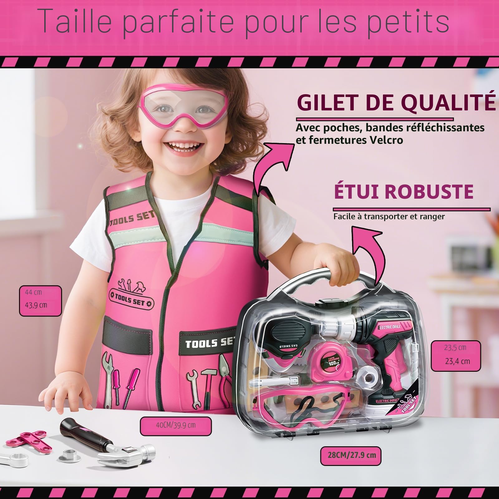 KidBloom Jouet Fille 3 Ans, Boite a Outils Enfant Rose avec Perceuse Électrique, Boîtes à Outils & Gilet, Jouet Enfant 3 4 5 Ans Fille