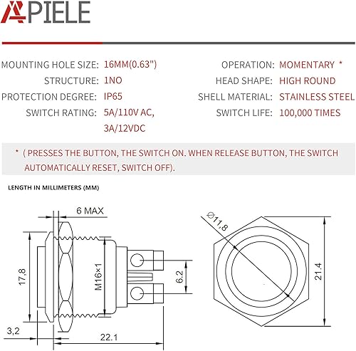 Miniatura 2 de GQ16H-10 0.630pulgadas, interruptor momentáneo 1NO de botón