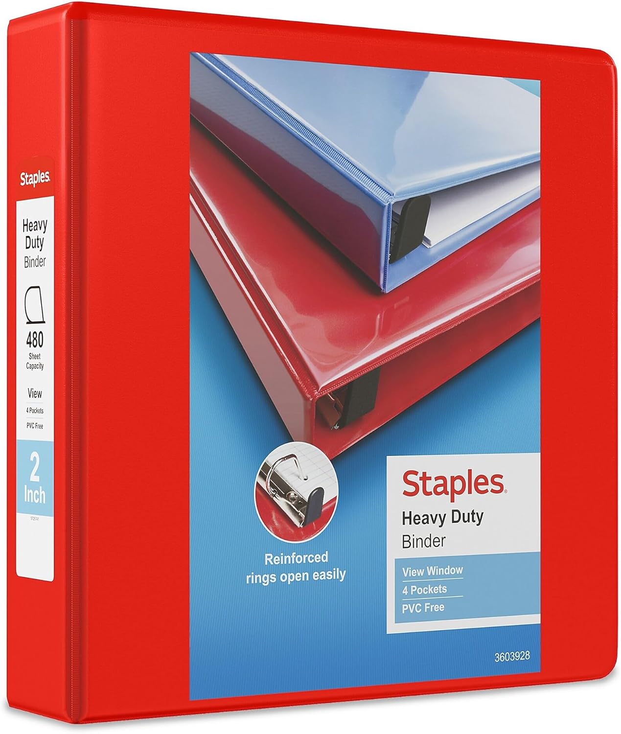 Staples Heavy-Duty 2 Inch 3-Ring View Binders with D-Rings, Red, Four Interior Pockets, Durable Office Binders, 3 Pack
