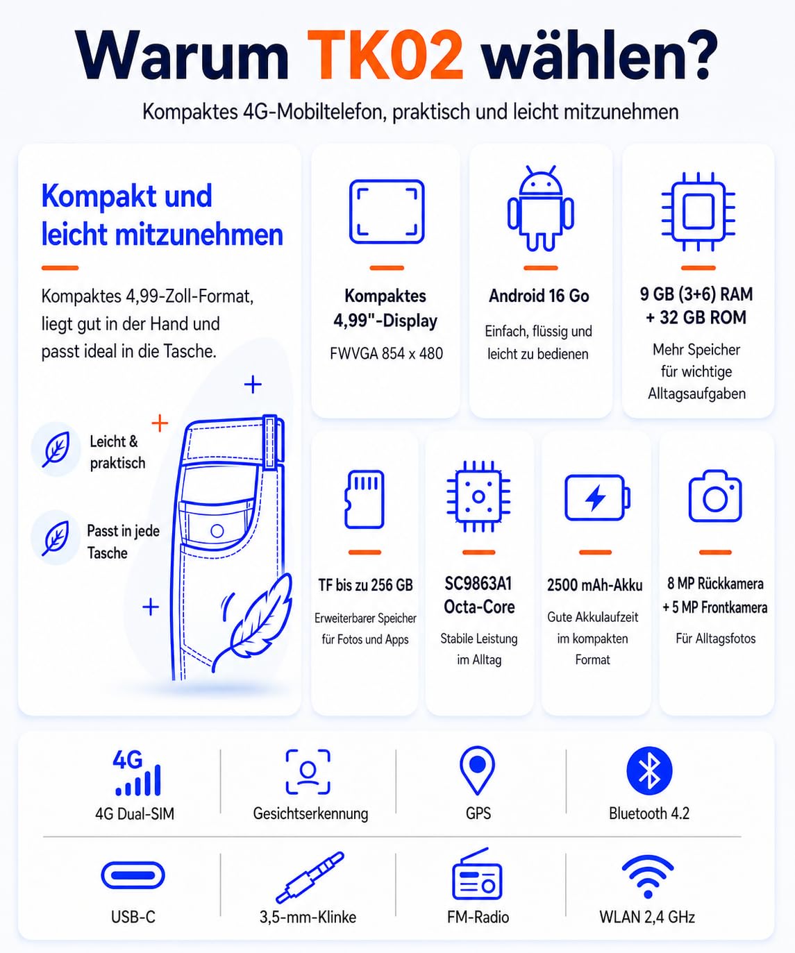 invens TK02 Smartphone Ohne Vertrag Günstig, Android 16 Go Handy, 5,0 Zoll, 9GB RAM (3+6) + 32GB ROM, 4G LTE, Dual SIM + TF 256GB, 8MP + 5MP Kamera, Abnehmbarer Akku, USB-C, 3,5 mm, Orange