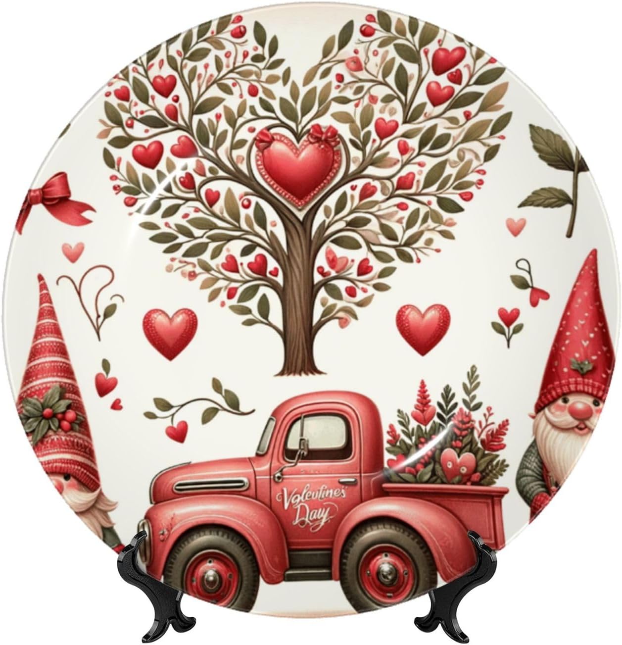 Valentine-Gnomes-Truck-Tree 10 Inch Decorative Plate With Stand, Elegant Display Wall Plate For Home Decor